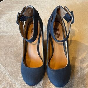 Mix No. 6 Navy Blue Ankle Strap Heels Fabric